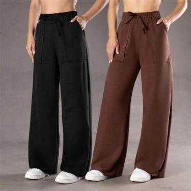 Imagem de Kit 2 Calça Pantalona Moletinho Feminina Com Bolso Elegante Casual Confortável-Feminino