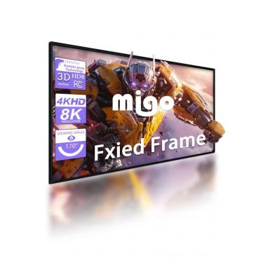 Imagem de Tela de projeção fixa 266x149cm MIGO branca ganho 2.0 16:9 moldura alumínio veludo parede