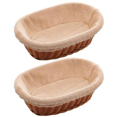 Imagem de Kit 2 Cestas Porta Pão 24x17cm Oval Rattan Plástico Forro Tecido Cesto