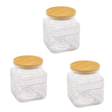 Imagem de Kit 3 Potes De Vidro Hermético 600ml Com Tampa De Bambu Transparente /