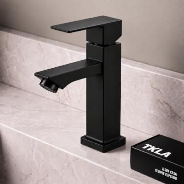 Imagem de TKLA Torneira Banheiro Quadrada Preto Fosco Bica Baixa - Metal, Acionamento 1/4 de Volta, Água Fria, 14 cm, para Cuba e Lavatório, Kit de Fixação Incluso