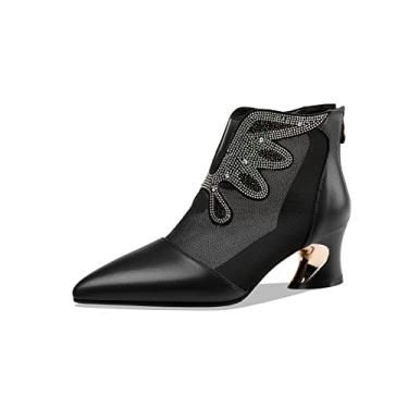 Imagem de TinaCus Botas de verão femininas feitas à mão couro legítimo e malha com zíper na parte de trás com glitter decoração de salto grosso, B Preto, 7.5