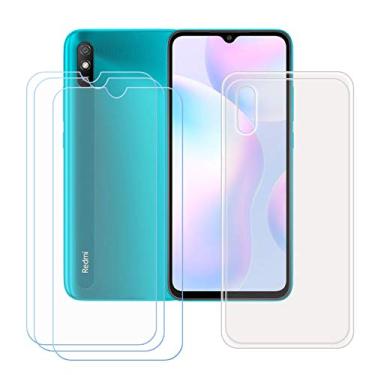Imagem de FZZ Capa para Xiaomi Redmi 9i + pacote com 3 películas protetoras de tela de vidro temperado, capa protetora de silicone TPU (poliuretano termoplástico) fina transparente para Xiaomi