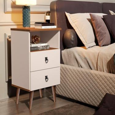 Imagem de Mesa de Cabeceira 2 Gavetas Retro Puxador Ferro Beatriz Off White/Freijó Ofertamo