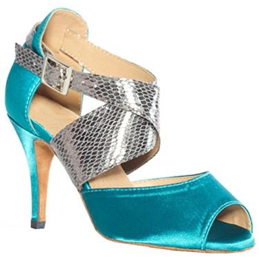 Imagem de Salabobo L013 feminino sexy tango latino cha-cha baile festa de casamento formatura peep toe salto personalizado cetim dança sapatos, Verde, 7.5 US(4IN)