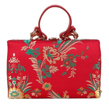 Imagem de Bolsa feminina retrô bolsas de mão bordado flor bolsa clutch casamento ombro clutch, Vermelho, M