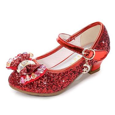 Imagem de TangDao Sapatos sociais infantis para meninas, festa de casamento, brilhante, Mary Jane, salto alto, princesa, flor, sapatos de lantejoulas com glitter, para meninas pequenas e grandes, Vermelho, 3 Big Kid
