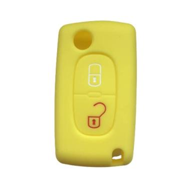 Imagem de CSHU 2 botões Silicone chave do carro capa chaveiro anel chave bolsa, adequado para Citroen C2 C3 C4 C8 Peugeot 308 207 307 3008 5008, amarelo
