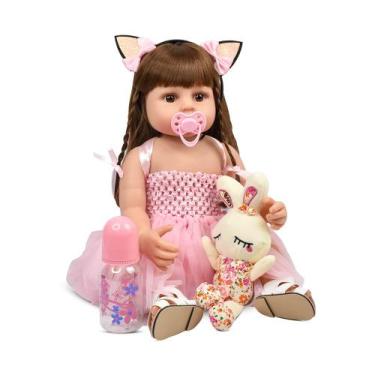 Brastoy Boneca Bebê Reborn Silicone Menina Sorridente Olhos Castanhos 55cm