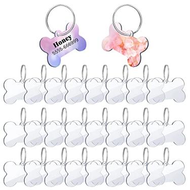 Imagem de 24 peças de etiqueta de cachorro de acrílico em forma de osso etiquetas de identificação de cachorro com 24 peças de chaveiros para cães e gatos DIY etiquetas de número de nome de animal de estimação