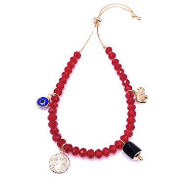 Imagem de LESLIE BOULES Pulseira de contas de cristal vermelho medalha de São Bento genuína e banhado a ouro pulseira corrente deslizante ajustável joia da sorte e proteção, Adjustable, Metal Cristal Metal, Banhado a ouro