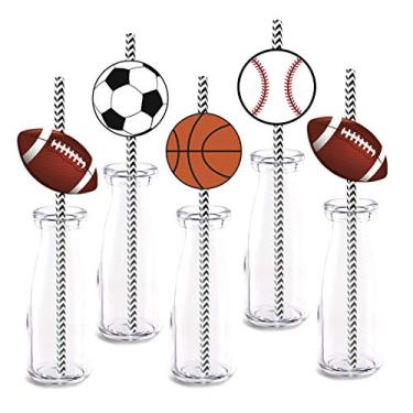 Imagem de Decoração de canudo esportivo, pacote com 24 unidades de bolas de futebol de beisebol, basquete, aniversário, festa, decorações, canudos decorativos de papel
