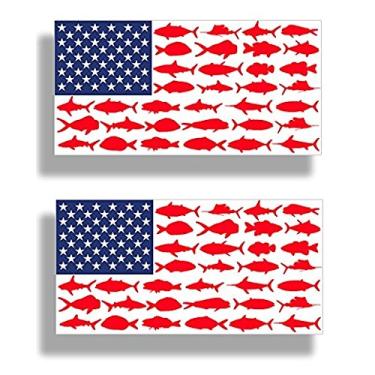 Imagem de Adesivos de peixe com bandeira americana | para-choque de carro, caixa de ferramentas, chapéu rígido, caixa de ferramentas de pesca, caiaque, decalque de barco | Tamanho 2,1 x 5 polegadas