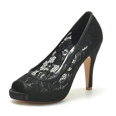 Imagem de Sapatos de noiva sapatos femininos de renda salto alto marfim stiletto peep toe sapatos sociais 36-42,Black,4 UK/37 EU