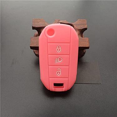 Imagem de YJADHU Capa de silicone para chave de carro conjunto de suporte de pele 3 botões capa de chave, apto para peugeot 3008 208 308 rcz 508 408 2008 407 307 4008, rosa