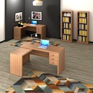 Imagem de Conjunto Home Office 4 Peças 2 Escrivaninhas em L e 2 Estantes Tecno Mobili Amendoa