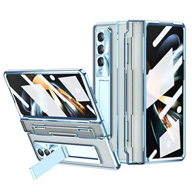 Imagem de Para Galaxy Z Fold 4 HD Clear Plating Stand para Samsung Galaxy Z Fold 4 3 Leveling Hinge Case com película de vidro de tela frontal, céu azul, para Galaxy Z Fold 3