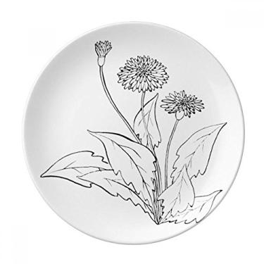 Imagem de Prato de plantas de dente-de-leão branco preto decorativo de porcelana salver talheres, louça de jantar