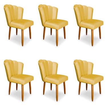 Imagem de Kit 6 Cadeiras de Jantar Pétala Estofada Pés Palito Veludo Amarelo - Montanaris Decor
