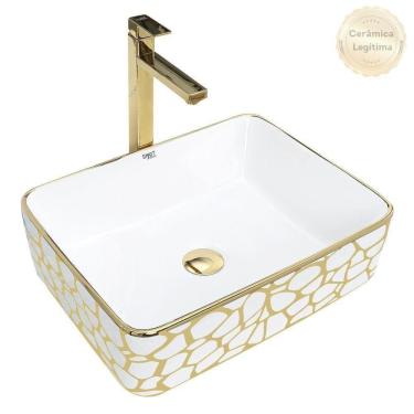 Imagem de Kit Cuba Pia Louça Cerâmica Banheiro C/ Torn E Vál Dourada 9