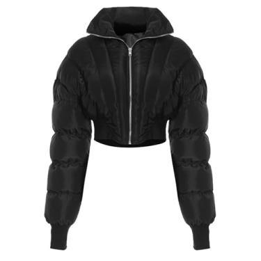 Imagem de Casaco Feminino Inverno Quente Recortado Puffer Manga Comprida Lapela Espartilhos Cintura Elástica Com Zíper Casaco Acolchoado Versátil Feminino Inverno Cor Sólida Casaco Parka Com Fecho