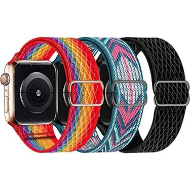 Imagem de Hoopyeecase Alongado Nylon Solo Loop pulseira de relógio Compatível com Apple Watch 44mm 40mm 42mm 38mm, Ajustável Alongamento Trançado Esporte Elásticos para iWatch Series 6/5/4/3/2/1 SE, Pacote de 3