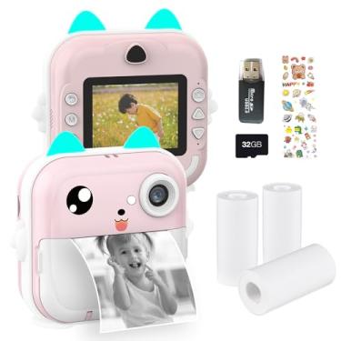 Imagem de CIADAZ Crianças portáteis Impressão térmica instantânea Câmera infantil Tela de 2,4 polegadas Câmera digital Foto Selfie Vídeo HD Impressão térmica sem tinta com cartão de memória de 32 GB 3 rolos de