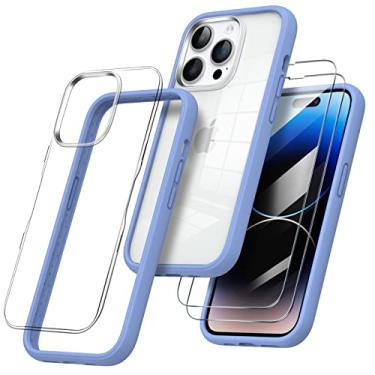 Imagem de ORNARTO [3 em 1] Capa para iPhone 14 Pro Max de 6,7 polegadas, com 2 películas de vidro temperado, capa amortecedora de silicone líquido macio com proteção total antiamarelamento e parte traseira transparente azul claro