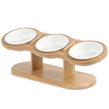 Imagem de CILXGQLN Tigelas elevadas para gatos 15° Tigelas de comida de gato inclinadas e elevadas, tigelas de cerâmica para gatos, filhotes de cachorro pequenos, suporte para tigela de cachorro com 2 alturas ajustáveis, 3 tigelas de alimentador de gatos para animais de estimação para comida e água