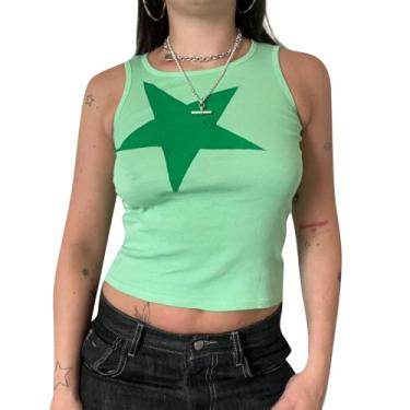 Imagem de Camiseta vintage Y2k com estampa de estrelas, sem mangas, canelada, sem mangas, gola redonda, estampa de estrelas, colete emagrecedor, Verde claro, P