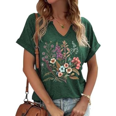 Imagem de Camiseta feminina vintage com estampa de flores e gola V, estampa de flores boêmias, casual, botânica, manga curta, Verde - 3, P