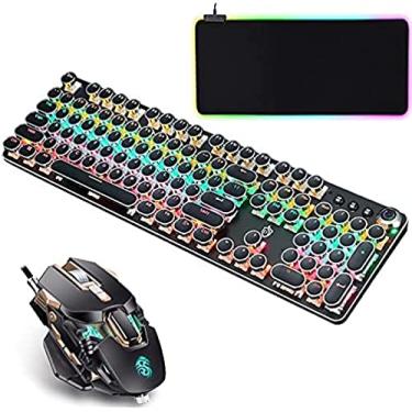 Imagem de Teclado para jogos e mouse pad combo retro máquina de escrever mecânica teclado para jogos-interruptores azuis arco-íris retroiluminado 104 teclas, preto