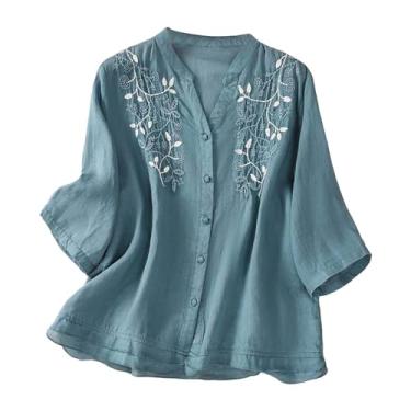 Imagem de Camiseta feminina casual de algodão e linho, de cor sólida, com botões, manga comprida, gola V, Azul, G