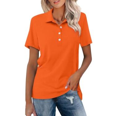 Imagem de Camiseta feminina gola lapela botão blusa manga curta cor sólida ajuste solto camiseta casual treino, Laranja, M