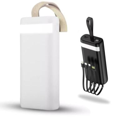 Imagem de Carregador Portátil Power Bank 20000 mAh Turbo Carregamento Rápido 3.1A, Powerbank com 4 cabos Integrados (USB-C, USB, Lightning) Led Bateria, Lanterna. Compatível com Android e IOS - Premium (Branco)