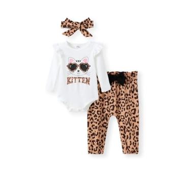 Imagem de PATPAT Conjunto de 3 peças para bebês recém-nascidos, manga comprida, com babados, conjunto de calça e faixa de cabeça, Leopardo selvagem, 3-6 Meses
