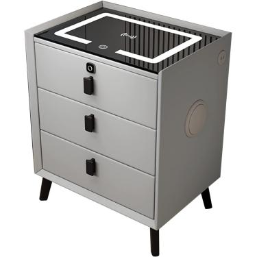 Imagem de Mesa de cabeceira, mesa de cabeceira inteligente com estação de carregamento, com luzes/fechadura por impressão digital/alto-falante Bluetooth/3 gavetas, cinza claro, 40 cm