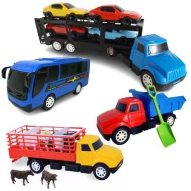 Imagem de Kit Brinquedos Caminhão Cegonha com Carrinhos, Guincho, Onibus e Caminhão Boiadeiro
