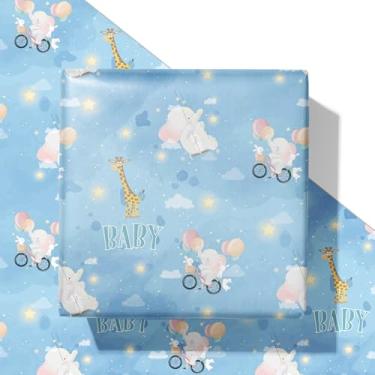 Imagem de SaringSwoon Papel de embrulho azul para chá de bebê - Embrulho de presente em aquarela com design engraçado de elefante, girafa, coelho, bebê e galáxia para chá de bebê, aniversário, festa - 50 × 73