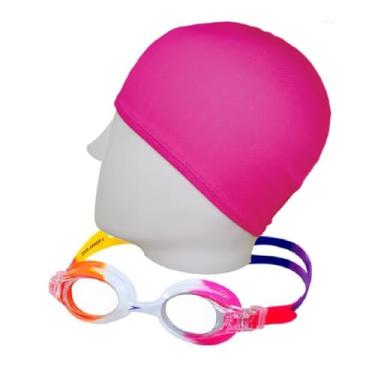Imagem de Kit Natação Speedo Óculos Quick Jr + Touca Tecido Confortável Infantil 4 a 12 anos Lentes Proteção UV e Antiembaçante (óculos rosa branco)