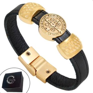 Imagem de Pulseira de Couro São Bento Magnética Dourada Feminina A Cruz Sagrada 