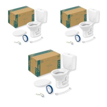 Imagem de Kit 3 Vaso Sanitário com Caixa Acoplada e Assento Saveiro Celite Branco Brilhante
