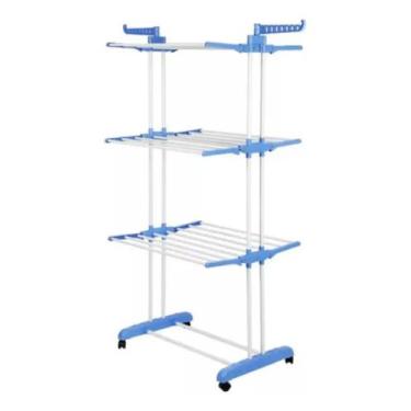 Imagem de Varal De Chão Pra Roupa Inox 3 Três Andares Retrátil Cor Azul - SG UTI