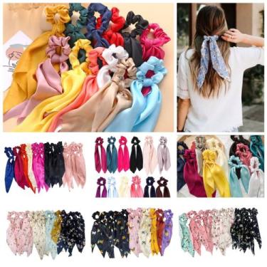 Imagem de Kit 5 Laço Longo De Cabelo Liso Estampado Rabicó Cetim Lenço Delicada 