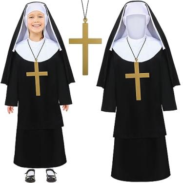Imagem de Mepase Conjunto de 3 peças de fantasia de freira para meninas com colar de cruz, fantasia de freira de Halloween para crianças, fantasia de horror e irmã católica, Preto, P