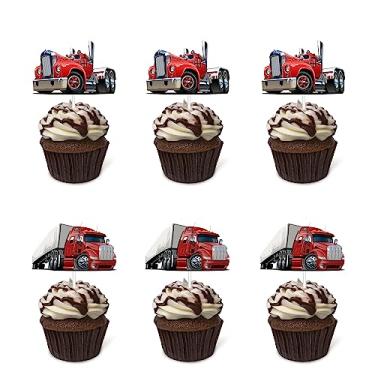 Imagem de Topo de cupcake vermelho caminhões pesados 24 peças caminhão transporte carro corrida tema suprimentos de festa para chá de bebê menino menina feliz aniversário decorações de festa