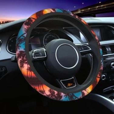 Imagem de Palmeiras pôr do sol praia tropical Havaí capa de volante acessórios para carro bonito para mulheres meninas universais 38 cm neoprene decoração interior automotivo protetor antiderrapante carro