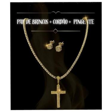 Imagem de KIT CORDÃO + PINGENTE + PAR DE BRINCOS CRAVEJADOS - BANHADO OURO 18k -