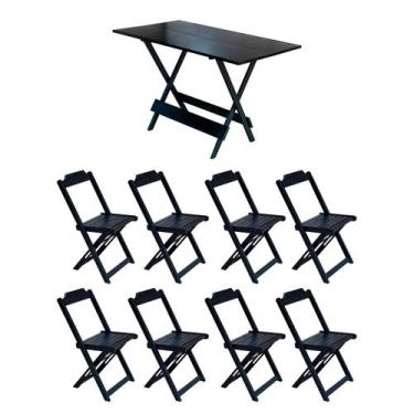 Imagem de Jogo de Mesa Dobrável 1,20x70 em Madeira Maciça com 8 Cadeiras - Preto