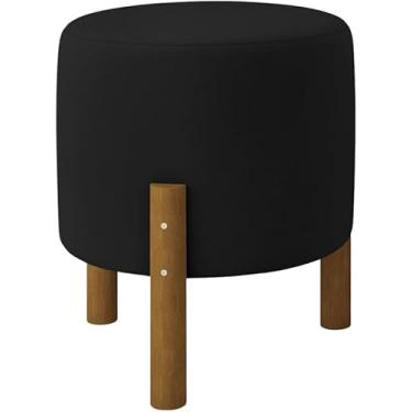 Imagem de Puff Redondo Luxo Decorativo Charme Thor com Pés de Madeira Suede Preto - PC MÓVEIS
